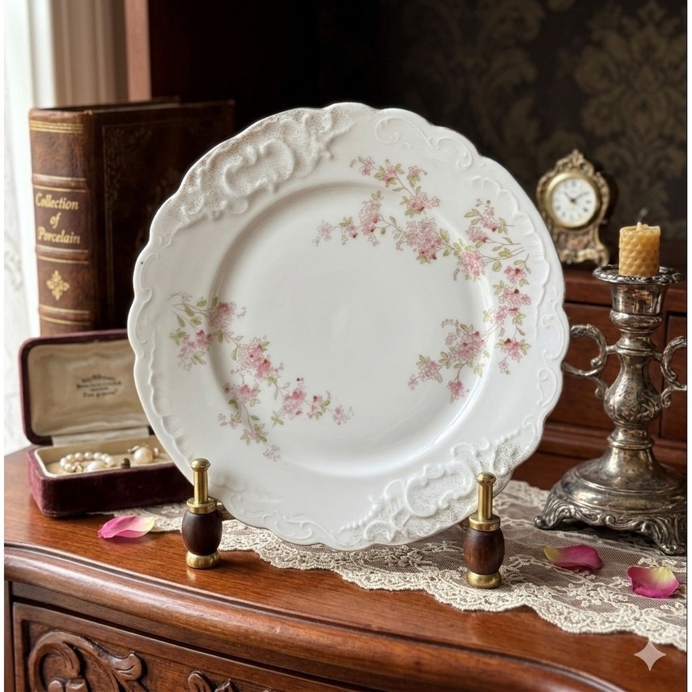 Antique Carlsbad BFH8 China Plate Pink Floral Scalloped Embossed Made in Austria
